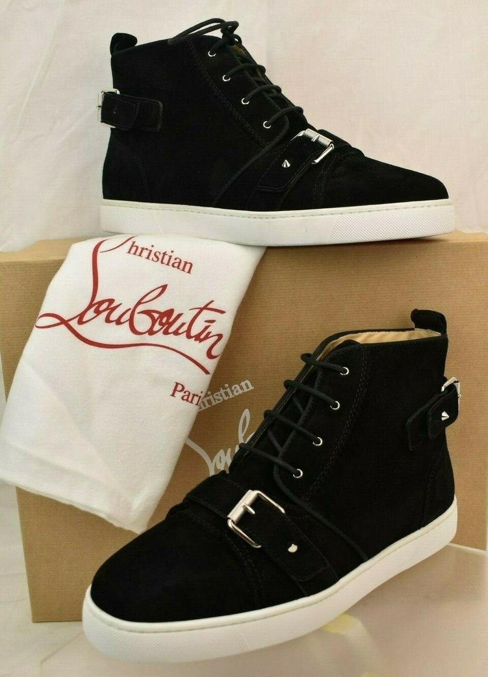 LOUBOUTIN NONO STRAP FLAT BLACK SUEDE BELTED BUCKLE LOGO HI TOP SNEAKERS 42 9